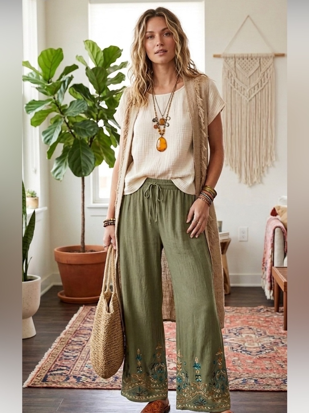Bohemian Olive Green Wide Leg Pants with Floral Embroidery
